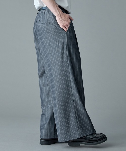 stripe design wool wide slacks ワイドスラックス ANCELLM - STRIPE WOOL WIDE SLACKS | BLACK | スラックス