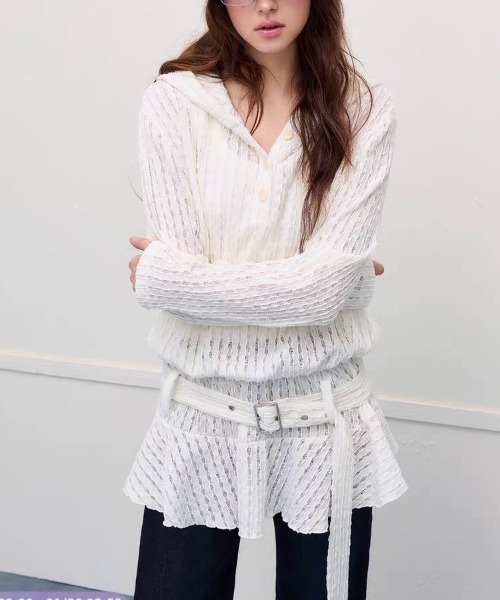 LADY LIKE tシャツ 「春夏新作」ベルト付きフードトップス