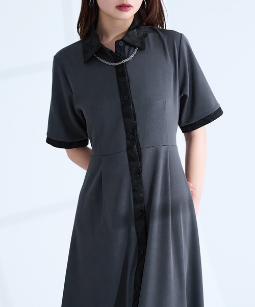 良品 グッチ バックオープン 袖ジャガード 切替 半袖 ワンピース ブラック M Ellno de Mavie（エルノデメヴィ） ワンピース 夏 半袖 ジャガード