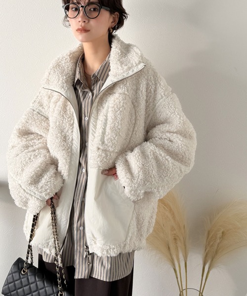 新品未使用タグ付き ボア生地ジャケットアウター ボア襟付きフェイクムートン ミリタリーブルゾン/フライトジャケット