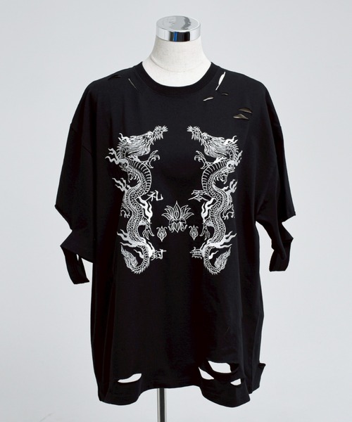 tシャツ 「REFLEM/レフレム」ドラゴン刺繍ダメージTシャツ/ハーフスリーブカットソー レディース メンズ REFLEM tシャツ 「REFLEM/レフレム」ドラゴン刺繍ダメージT
