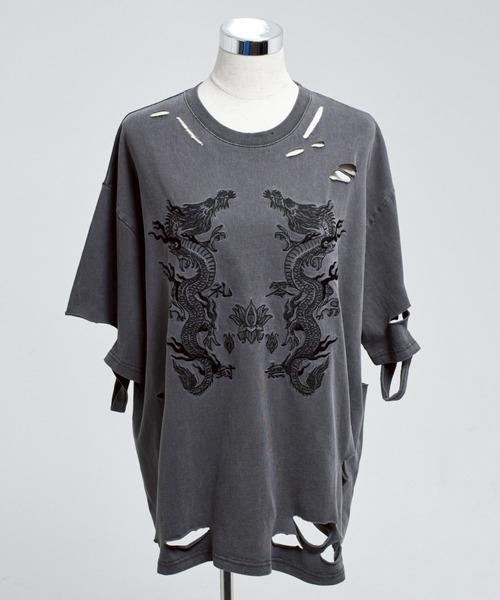 tシャツ 「REFLEM/レフレム」ドラゴン刺繍ダメージTシャツ/ハーフスリーブカットソー レディース メンズ