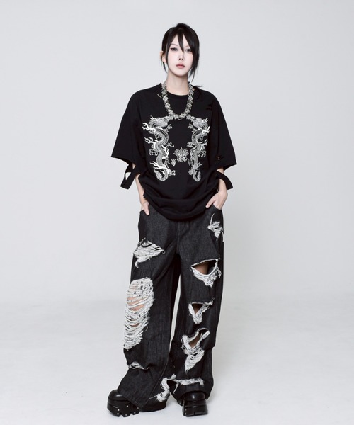 REFLEM tシャツ 「REFLEM/レフレム」ドラゴン刺繍ダメージT