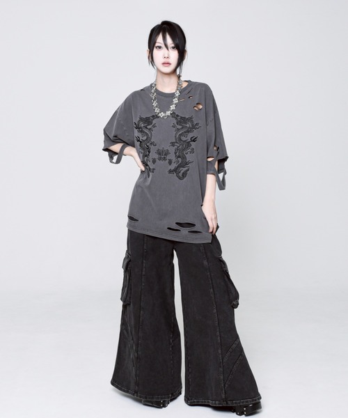 tシャツ 「REFLEM/レフレム」ドラゴン刺繍ダメージTシャツ/ハーフスリーブカットソー レディース メンズ REFLEM tシャツ 「REFLEM/レフレム」ドラゴン刺繍ダメージT