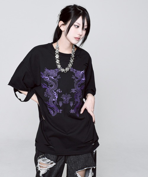 tシャツ 「REFLEM/レフレム」ドラゴン刺繍ダメージTシャツ/ハーフスリーブカットソー レディース メンズ REFLEM tシャツ 「REFLEM/レフレム」ドラゴン刺繍ダメージT