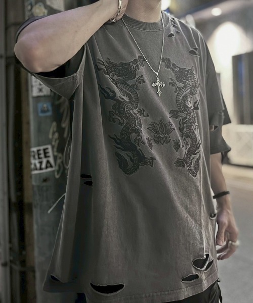 REFLEM tシャツ 「REFLEM/レフレム」ドラゴン刺繍ダメージT