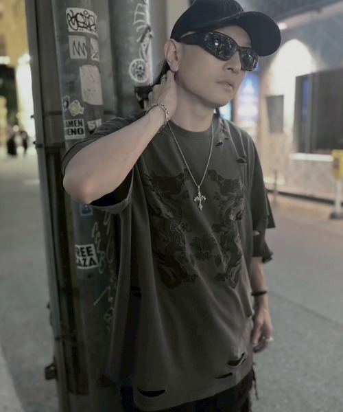 tシャツ 「REFLEM/レフレム」ドラゴン刺繍ダメージTシャツ/ハーフスリーブカットソー レディース メンズ REFLEM tシャツ 「REFLEM/レフレム」ドラゴン刺繍ダメージT