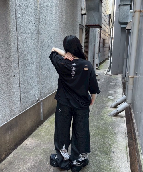 tシャツ 「REFLEM/レフレム」ドラゴン刺繍ダメージTシャツ/ハーフスリーブカットソー レディース メンズ REFLEM/レフレム』ドラゴン刺繍ダメージTシャツ/ハーフスリーブ