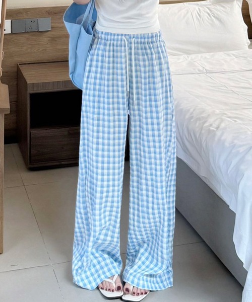 LOWO ワイドパンツ パンツ ギンガムチェックワイドパンツ レディース