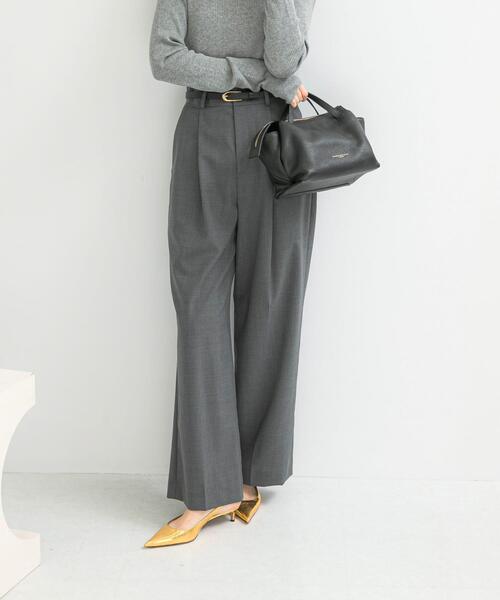 パンツ ウール混防シワハイウエストワイドスラックス レディース