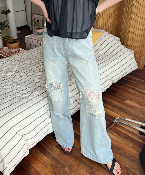 新品未使用 タグ付き】Som Pelianaダメージデニムパンツ 綿 レース 