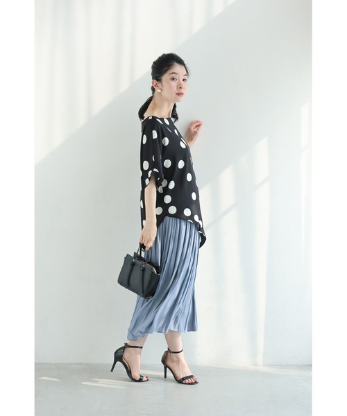 極美品 慈雨 ドット柄 変形 パワーネット シャツ カットソー シワ加工 cawaii tシャツ （黒）艶めくドット柄プルオーバートップス