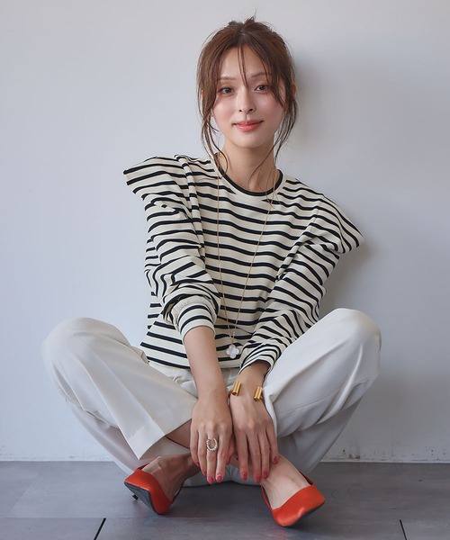 ELFRANK tシャツ パワーショルダー ボーダー クルーネック プル