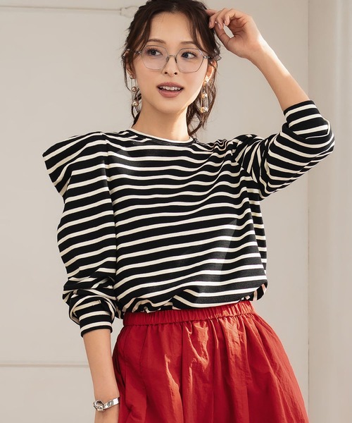 ELFRANK tシャツ パワーショルダー ボーダー クルーネック プル