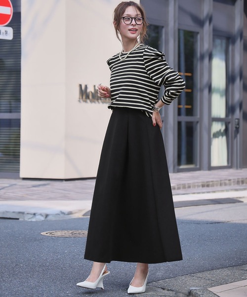 【PING】ボーダークルーネックニットプルオーバー、ニットスカートセット ELFRANK tシャツ パワーショルダー ボーダー クルーネック プル