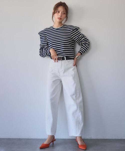 ELFRANK tシャツ パワーショルダー ボーダー クルーネック プル