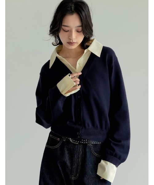 Y's シャツカーディガン ドッキング ブラック Re:EDIT（リエディ） ニット セーター 「2025AW COLLECTION」シャツ