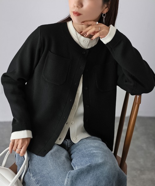 Riberry（リベリー） カーディガン 配色レイヤードライクニット