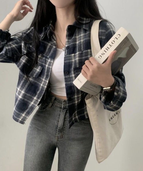 LETee ブラウス シャツ チェック柄クロップドシャツジャケット