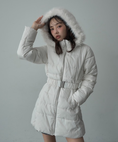 Nadana ダウンコート ダウンジャケット ベルト付ファーフード中綿
