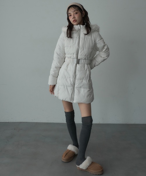 Nadana ダウンコート ダウンジャケット ベルト付ファーフード中綿