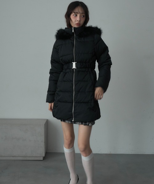Nadana ダウンコート ダウンジャケット ベルト付ファーフード中綿