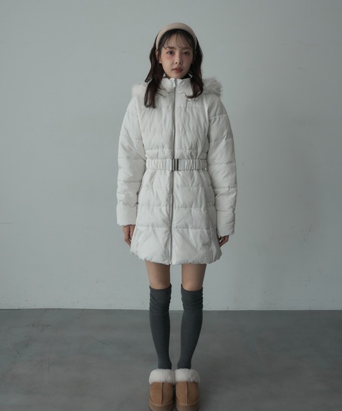 Nadana ダウンコート ダウンジャケット ベルト付ファーフード中綿