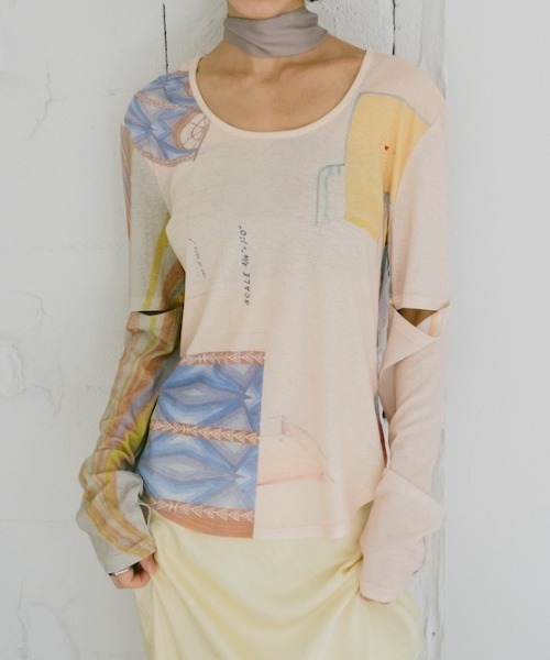 【美品】sahara 2way sleeve top sahara（サハラ） tシャツ 2way Sleeve Art Print Top レディース