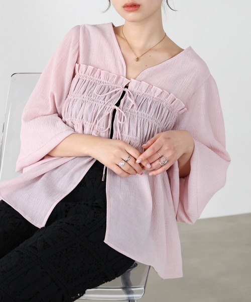 BAB（バブ） ブラウス シャツ シャーリングリボンパフスリーブブラウス 