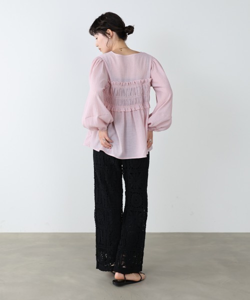 BAB（バブ） ブラウス シャツ シャーリングリボンパフスリーブブラウス