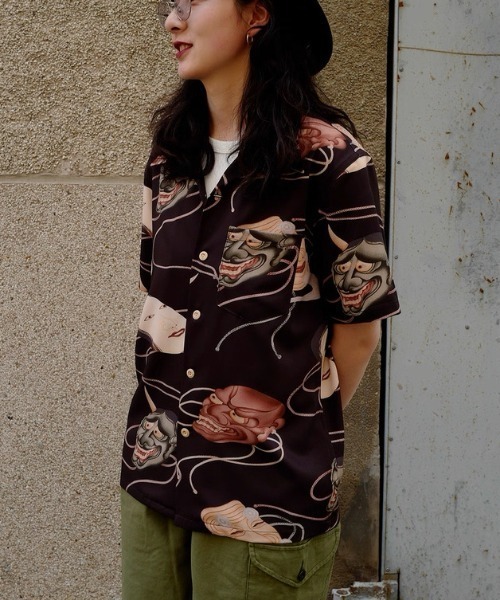 tシャツ ヴィンテージライク 和柄ジャパニーズマスク プリントオープンカラーシャツ メンズの画像