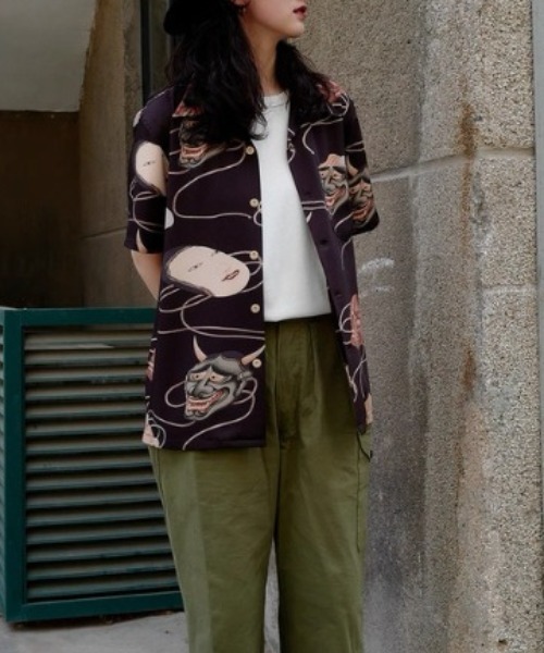 tシャツ ヴィンテージライク 和柄ジャパニーズマスク プリントオープンカラーシャツ メンズの画像