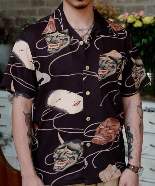 tシャツ ヴィンテージライク 和柄ジャパニーズマスク プリントオープンカラーシャツ メンズの画像