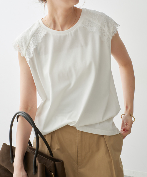 レースフレンチスリーブシャツ　スピックアンドスパン Spick＆Span（スピック アンド スパン） tシャツ レースコンビフレンチ