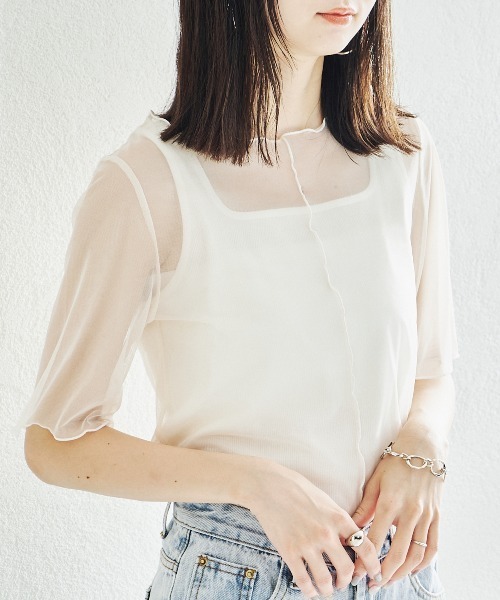 acro tシャツ 5分袖カラーシアーメッシュトップス/AC1429