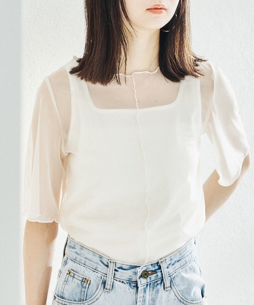acro tシャツ 5分袖カラーシアーメッシュトップス/AC1429