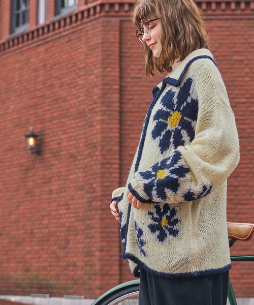 カーディガン ヴィンテージライクフラワージップニットカーディガン