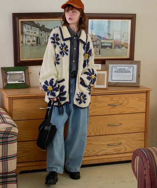 カーディガン ヴィンテージライクフラワージップニットカーディガン