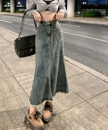GRANCY フリンジデザイン デニム スカート GRANCY】Fringedesign Denim Skirt / フリンジデザイン デニム