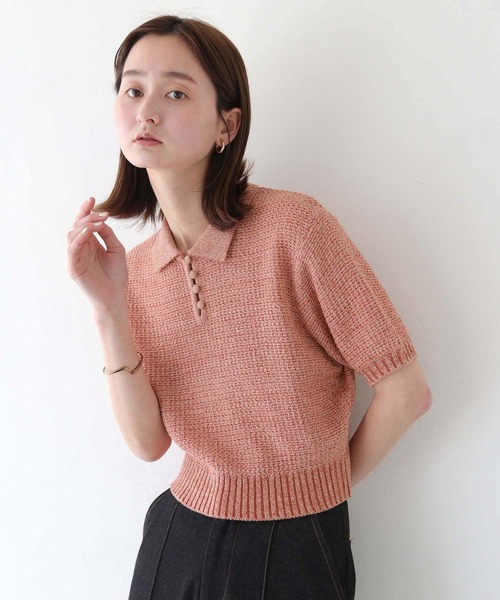 tシャツ 「CLEIO」地柄編み半袖ポロニット レディース CLEIO tシャツ 「CLEIO」地柄編み半袖ポロニット レディース