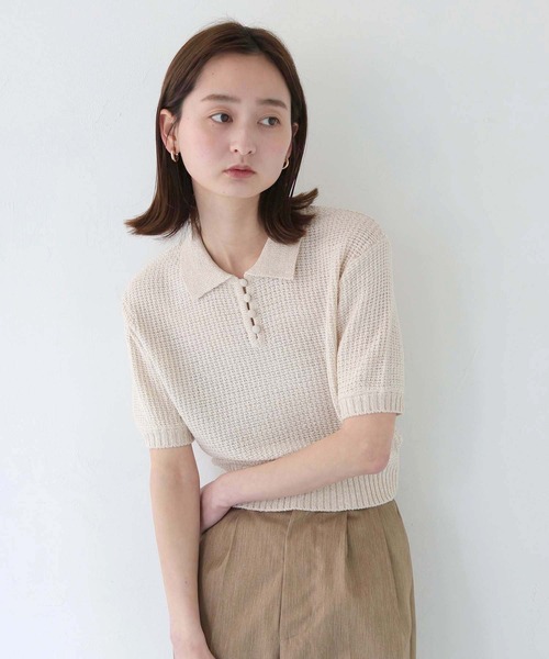tシャツ 「CLEIO」地柄編み半袖ポロニット レディース CLEIO tシャツ 「CLEIO」地柄編み半袖ポロニット レディース