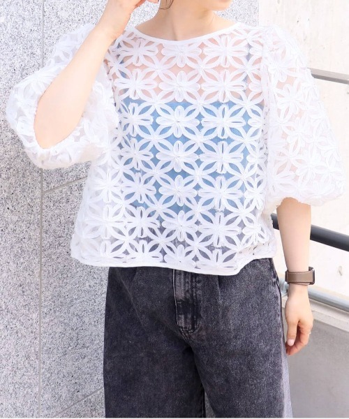 tシャツ LC/LLL バックレースプルオーバー レディース tiptop ブラウス シャツ アソートシアーレース前後2wayブラウス
