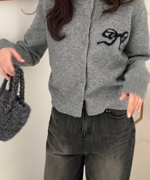 カーディガン リボンジャガードニットカーディガン レディース
