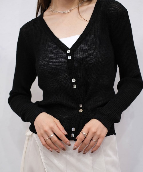 カーディガン ダブルボタンシアーカーディガン／double button sheer cardigan 長袖 Vネック フロントボタン 透け感 透かし