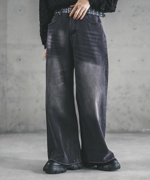 ウォッシュド デニム カジュアル 韓国 トレンド ワイド フレア Shoowtime ジーンズ Vintage wash wide flare denim pants
