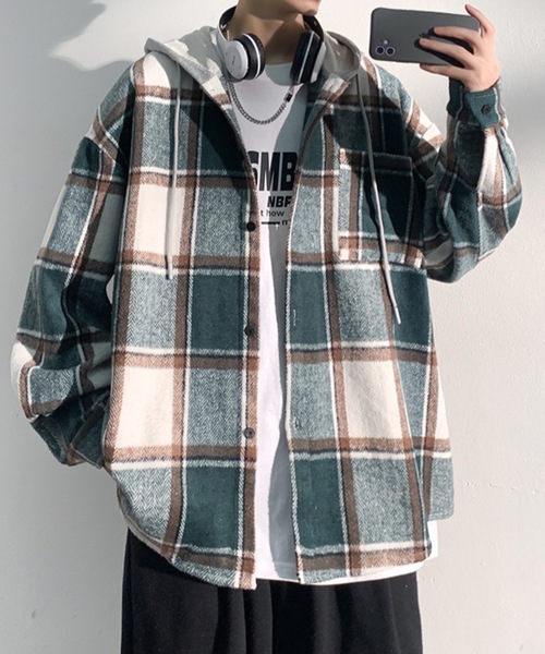 link lot シャツ 「秋冬」フード付ヘビーネルチェックシャツ メンズ