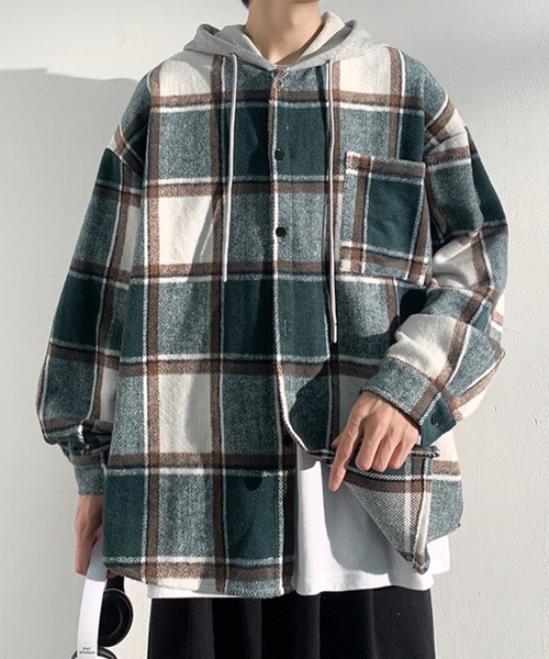 link lot シャツ 「秋冬」フード付ヘビーネルチェックシャツ メンズ