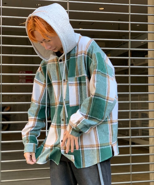 link lot シャツ 「秋冬」フード付ヘビーネルチェックシャツ メンズ