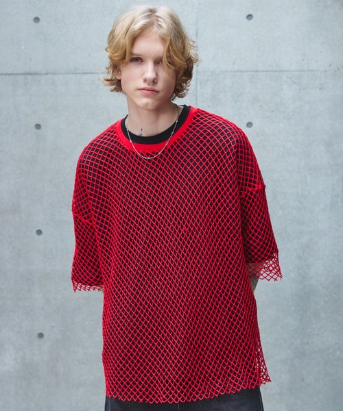 boohoo MAN★オーバーサイズ 半袖 メッシュ Tシャツ★タズマニア メッシュオーバーサイズTシャツ(胸元ロゴ入り赤) | Shu NeVaDa