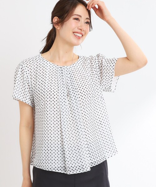 ブラウス シャツ 「夏SALE／マシンウォッシュ可／セットアップ可」ギャザータックプリントブラウス レディース